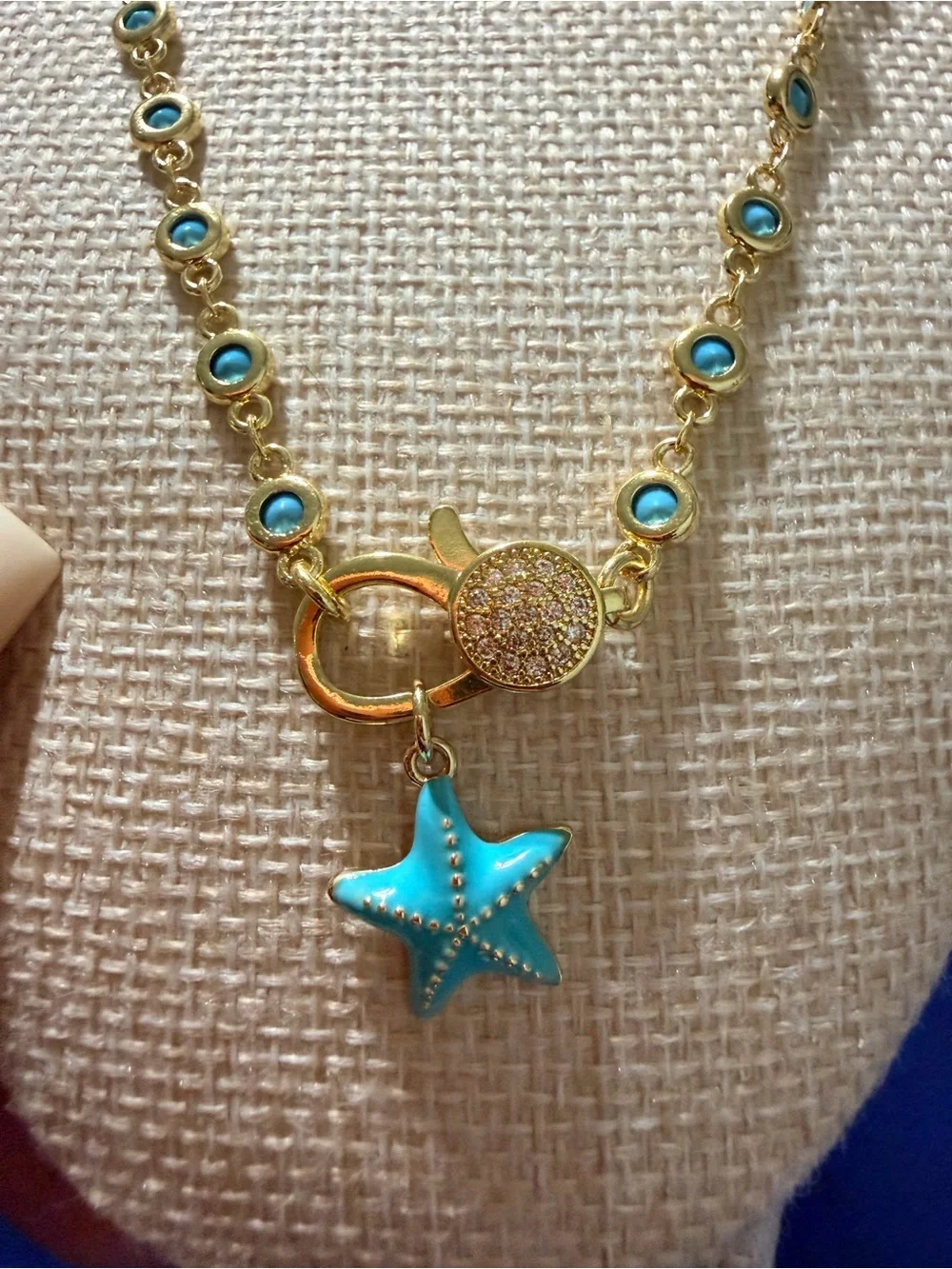 Turquoise Starfish Charm Gold Necklace and Bracelet Set